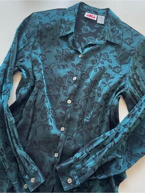 Alia Vintage Teal and Black Floral Blouse